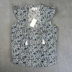 Dear John Blouse Womens Medium Floral V Neck Tassels Sleeveless Ruffles‎ NEW